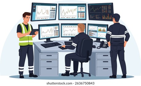 data center control room engineering team monitoring real-time server performance and system analytics in a high-tech flat cartoon
