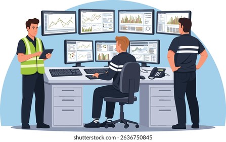 data center control room engineering team monitoring real-time server performance and system analytics in a high-tech flat cartoon