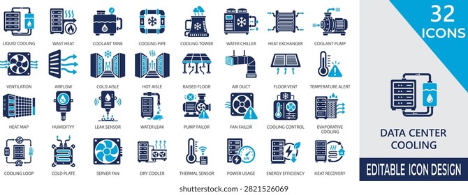 Data center cooling solid icon set. Included hvac systems, efficiency, server, pump, cooling, liquid, and ai facilities. Editable Vector Illustration set.