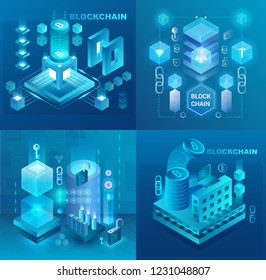 Data center, cryptocurrency and blockchain technology market isometric vector illustrations set.