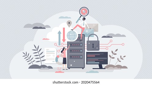 Data center and database hardware and hosting service tiny person concept. Backup disk for information and files with storage safety vector illustration. IT technology and computing infrastructure.