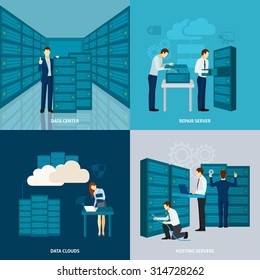 Data center design concept set with hosting servers flat icons isolated vector illustration