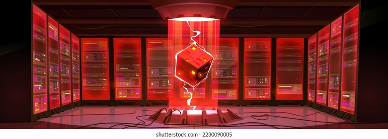 Data center, digital information storage room with server hardware on racks and hologram of processor in red light. Concept of bigdata technology, vector cartoon illustration