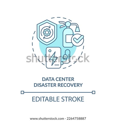 Data center disaster recovery blue concept icon. Prevent damage. Disaster recovery abstract idea thin line illustration. Isolated outline drawing. Editable stroke. Arial, Myriad Pro-Bold fonts used