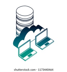data center disks with laptops computers and cloud computing