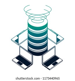 data center disks with laptops computers isometric icon