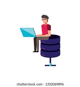 data center disks with young man