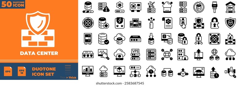 Data Center Duotone Editable Icons set. Vector illustration in modern thin duotone style of data center icons: web hosting, server, cloud hosting, etc