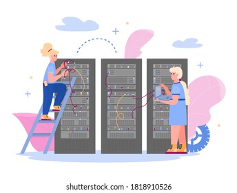Centro de datos con empleados que mantienen servidor de alojamiento, ilustración vectorial plana aislada en fondo blanco. Computadora de almacenamiento de datos y tecnología de redes de Internet.