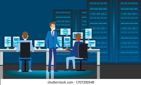 Data Center Engineer People Workplace. Professional Analysis Workflow. Man Character Manager Flat Illustration. Computer, Monitor Display Workspace. Monitoring Desktop System Configuration.