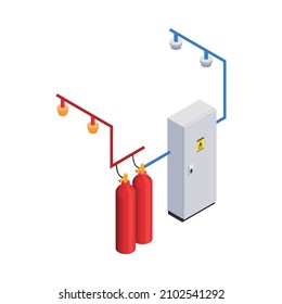 Data center equipment isometric icon with electrical distibution board and fire extinguishers 3d vector illustration