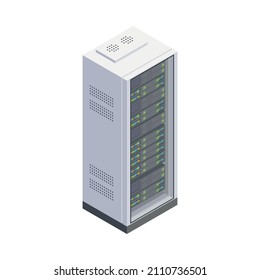 Data center equipment with server rack on white background isometric vector illustration