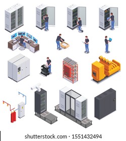 Data Center Equipment And System Administrator Character Colored Isometric Icons Set 3d Isolated Vector Illustration