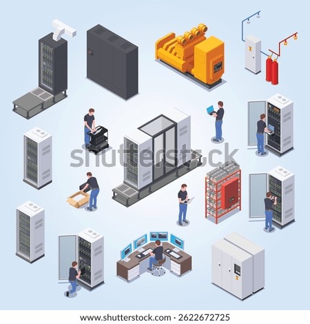 Data center equipment and system administrator character colored isometric icons set 3d isolated vector illustration