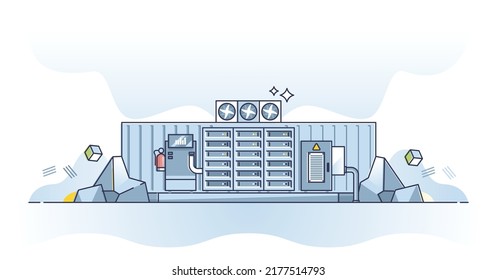 Data Center Facility And Information Storage Database Servers Outline Concept. Datacenter Hardware Container With Cooling Equipment Vector Illustration. Data Hosting Service With Backup Terminal.