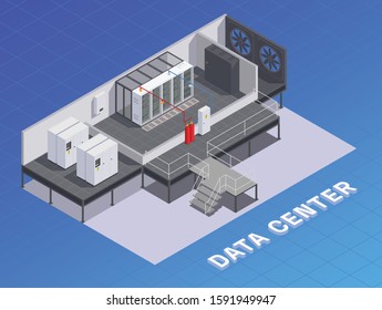 Data center facility infrastructure isometric composition with storage resources cooling equipment air flow devices generators vector illustration 