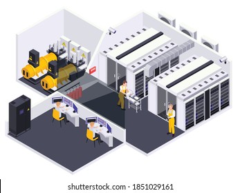 Data center facility interior isometric view with  computer network equipment server racks employees operators technicians vector illustration  