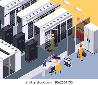 Data center facility interior isometric element with operator desk servers racks technician fixing physical infrastructure vector illustration  