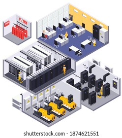 Composición isométrica interior del centro de datos con servidores racks operadores de sistemas de supresión de incendios generadores de potencia ilustración vectorial