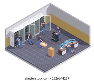 Data center facility isometric view with personnel checking server unpacking hardware equipment administrator controlling operations vector illustration 