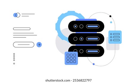 Data center and file sharing. Flat illustration, web banner, presentation slide. Vector file.