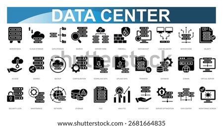 Data Center glyph Icons set. Vector illustration. Server Rack, Cloud Storage, Data Storage, Search, Server Farm, Firewall, Data Backup, Load Balancer, Server Node, Validity. Vector illustration
