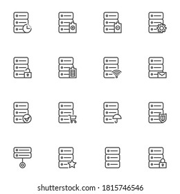 Data Center Hosting Line Icons Set, Outline Vector Symbol Collection, Linear Style Pictogram Pack. Signs, Logo Illustration. Set Includes Icons As Database Server, Data Protection, System Preference