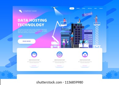 Centro de datos y alojamiento. Base de datos de Internet en red, configuración y mantenimiento, servidor de compilación. Ilustración plana del vector 