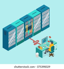 Data Center And Hosting. Network Internet Database. Isometric 3d Vector Illustrations