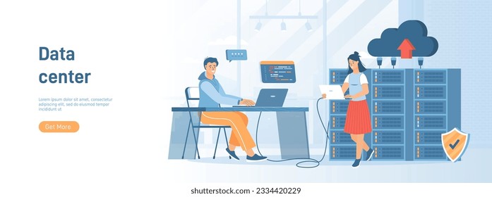 Data center. Hosting provider, data storage, cloud technologies. Server racks, datacenter. Flat concept great for social media promotional material. Website banner on white background.	
