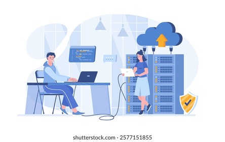 Data center. Hosting provider, data storage, cloud technologies. Server racks, datacenter equipment. Vector illustration with characters in flat design for web banner.	
