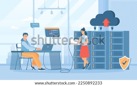 Data center. Hosting provider, data storage, cloud technologies. Server racks, datacenter equipment. Flat cartoon vector illustration with people characters for banner, website design or landing page