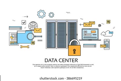 Data Center Hosting Server Computer Device Information Database Technology Banner Thin Line Vector Illustration