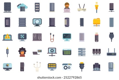 Data center hosting server network connection concept icons set in flat style