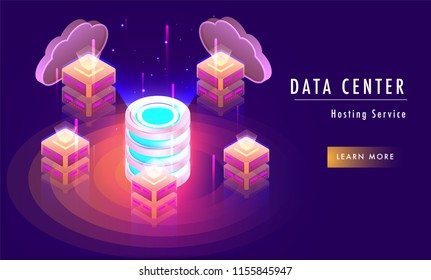 Data center hosting service concept based landing page design with isometric view of local server connected with database on shiny purple abstract background.