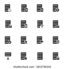 Data Center Hosting Vector Icons Set, Modern Solid Symbol Collection, Filled Style Pictogram Pack. Signs, Logo Illustration. Set Includes Icons As Database Server, Data Protection, System Preference