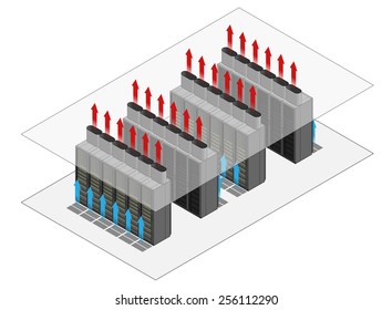 Data center hot and cold aisle rack/cabinet configuration/layout. Arrows show flow of hot and cold air.Cold air enters from raised floor. Hot air vents through chimneys into the ceiling cavity.