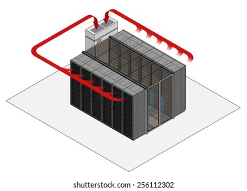 Data center hot and cold aisle rack/cabinet configuration/layout. Arrows show flow of hot and cold air. Cold air enters from raised floor in contained aisle. Hot air drawn into air conditioner.