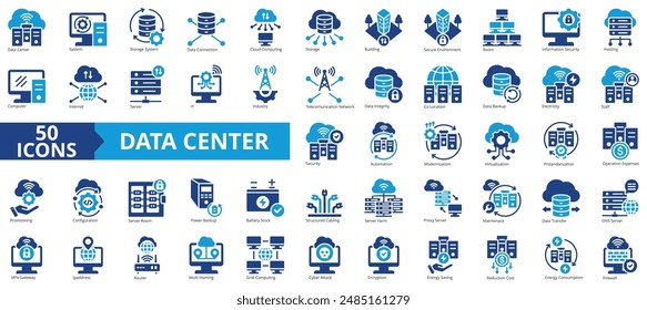 Data center icon collection set. Containing cloud computing, security, hosting, computer, internet, server, information technology icon. Simple flat vector illustration.