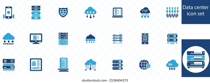 Conjunto de colecciones de iconos de centro de datos. Contiene computación en la nube, seguridad, hosting, computadora, internet, servidor, icono de tecnología de la información. Ilustración vectorial plana simple