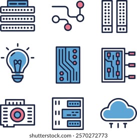 Data center icon collection set. Containing cloud computing, security, hosting, computer, internet, server, information technology icon. Simple flat vector