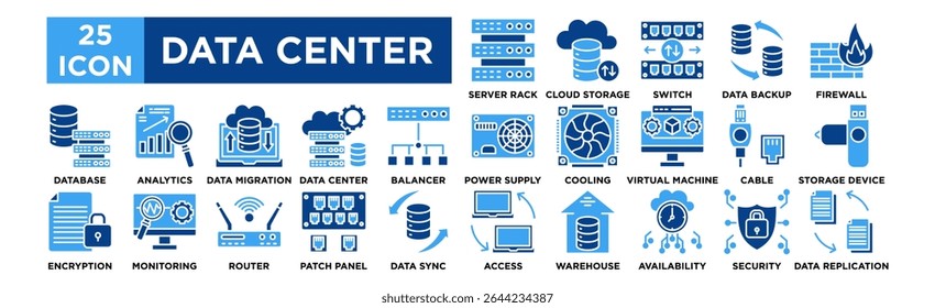 Conjunto de coleta de ícones do data center. Rack de servidor, armazenamento em nuvem, switch de rede, backup de dados, firewall