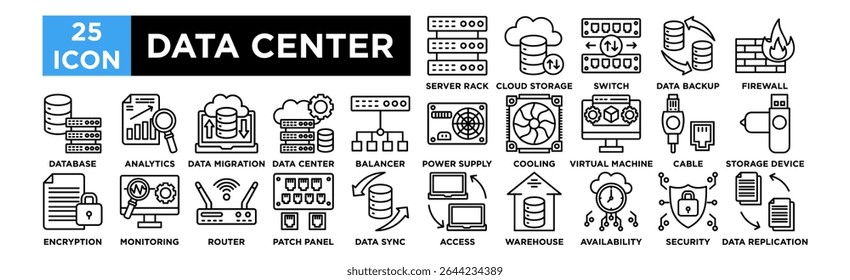 Conjunto de coleta de ícones do data center. Rack de servidor, armazenamento em nuvem, switch de rede, backup de dados, firewall