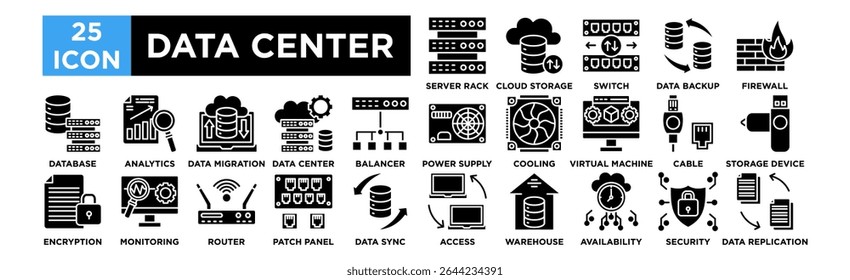 Data center icon collection set. Server Rack, Cloud Storage, Network Switch, Data Backup, Firewall