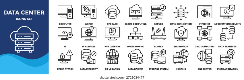 Data center icon collection set. Containing cloud computing, security, hosting, computer, internet, server, information technology icon
