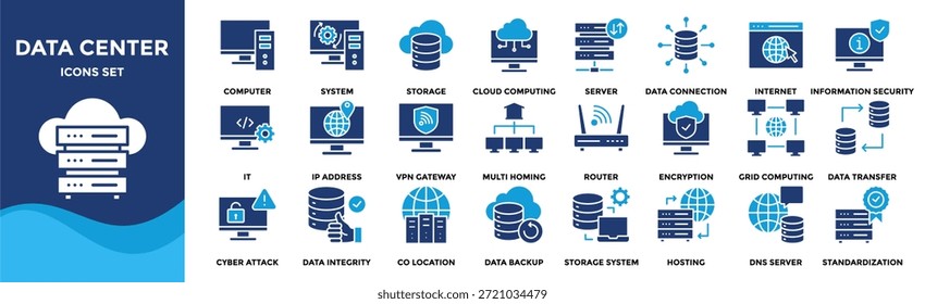 Data center icon collection set. Containing cloud computing, security, hosting, computer, internet, server, information technology icon