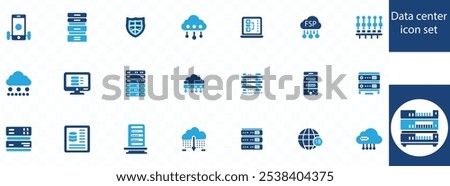 Data center icon collection set. Containing cloud computing, security, hosting, computer, internet, server, information technology icon. Simple flat vector illustration