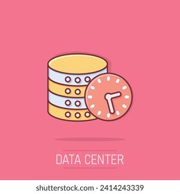 Data center icon in comic style. Clock vector cartoon illustration on white isolated background. Watch business concept splash effect.
