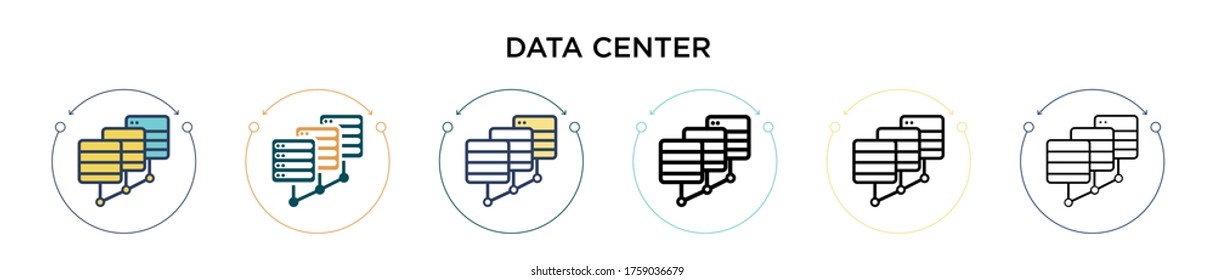 Data center icon in filled, thin line, outline and stroke style. Vector illustration of two colored and black data center vector icons designs can be used for mobile, ui, web