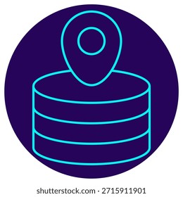 Ícone do data center. Contorno de néon minimalista em um fundo redondo azul escuro. Ilustração vetorial e elegante de uma pilha de servidores (banco de dados) com um pino de localização na parte superior, simbolizando a instalação do data center, a localização do servidor, a residência dos dados e o armazenamento de dados físicos